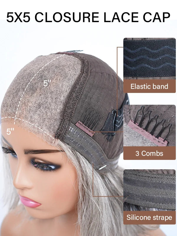 Luvwin 5x5 Salt And Pepper Glueless Gray Color Pre-Cut Lace Layered Cut Straight Bob Wig 100% Human Hair