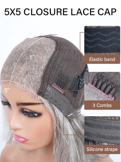 Luvwin 5x5 Salt And Pepper Glueless Gray Color Pre-Cut Lace Layered Cut Straight Bob Wig 100% Human Hair