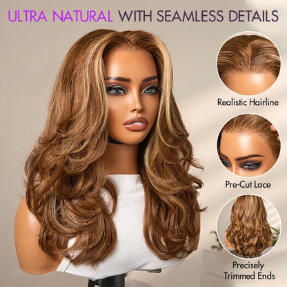 PreMax Wigs - Honey Brown with Blonde Highlights / Natural Black Bouncy Body Wave Glueless 13x4 Frontal Lace Human Hair Wig