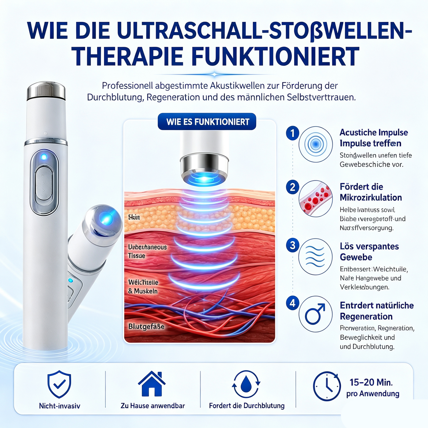 Fortschrittliche akustische Stoßwellentherapie: Regeneriert Peningewebe, stärkt Erektion und männliche Ausdauer, lindert Muskel-, Gelenk- und Sehnenbeschwerden.
