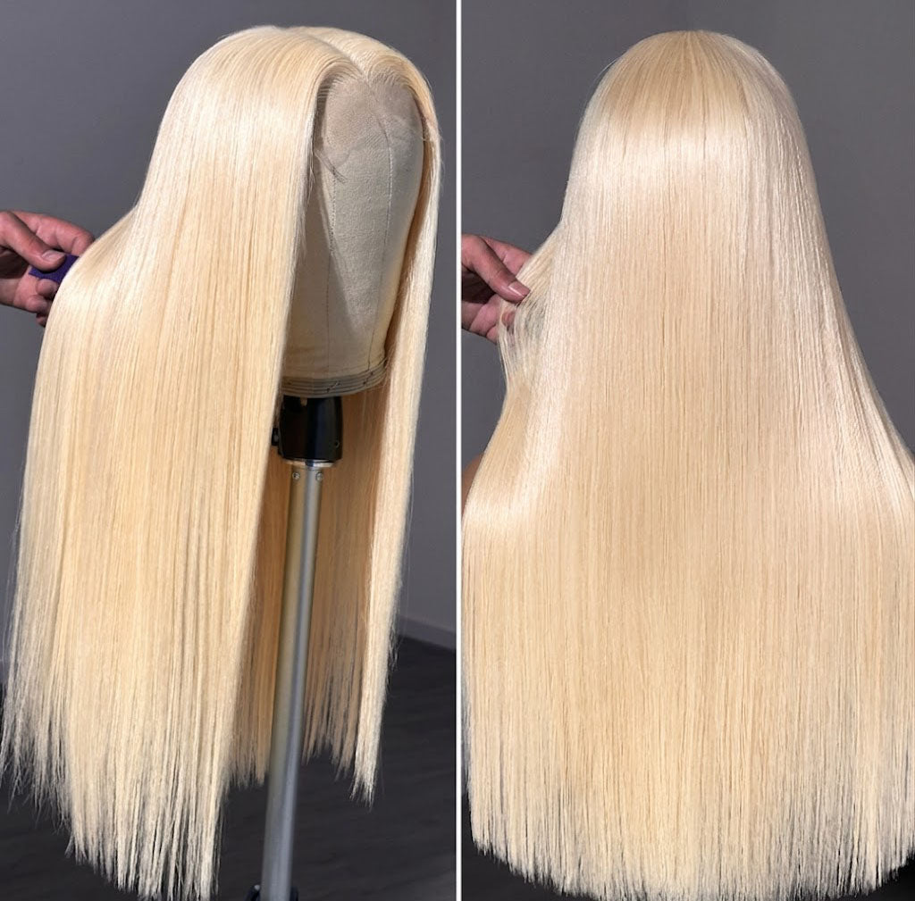 PreMax Wigs - 180% Density Easily Redyed 613 Silky Straight 5x5 Closure HD Lace Glueless Mid Part Long Wig Pre-cut & Plucked & Bleached