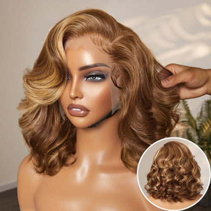 PreMax Wigs - Honey Brown with Blonde Highlights / Natural Black Bouncy Body Wave Glueless 13x4 Frontal Lace Human Hair Wig