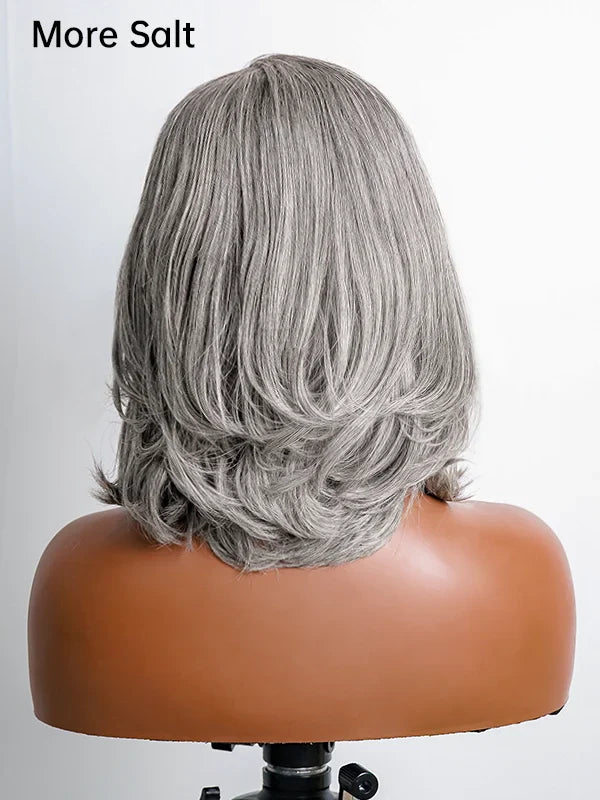 Luvwin 5x5 Salt And Pepper Glueless Gray Color Pre-Cut Lace Layered Cut Straight Bob Wig 100% Human Hair