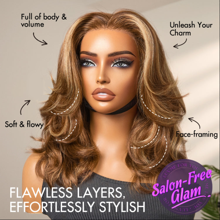 PreMax Wigs - Honey Brown with Blonde Highlights / Natural Black Bouncy Body Wave Glueless 13x4 Frontal Lace Human Hair Wig