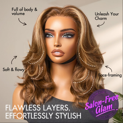PreMax Wigs - Honey Brown with Blonde Highlights / Natural Black Bouncy Body Wave Glueless 13x4 Frontal Lace Human Hair Wig