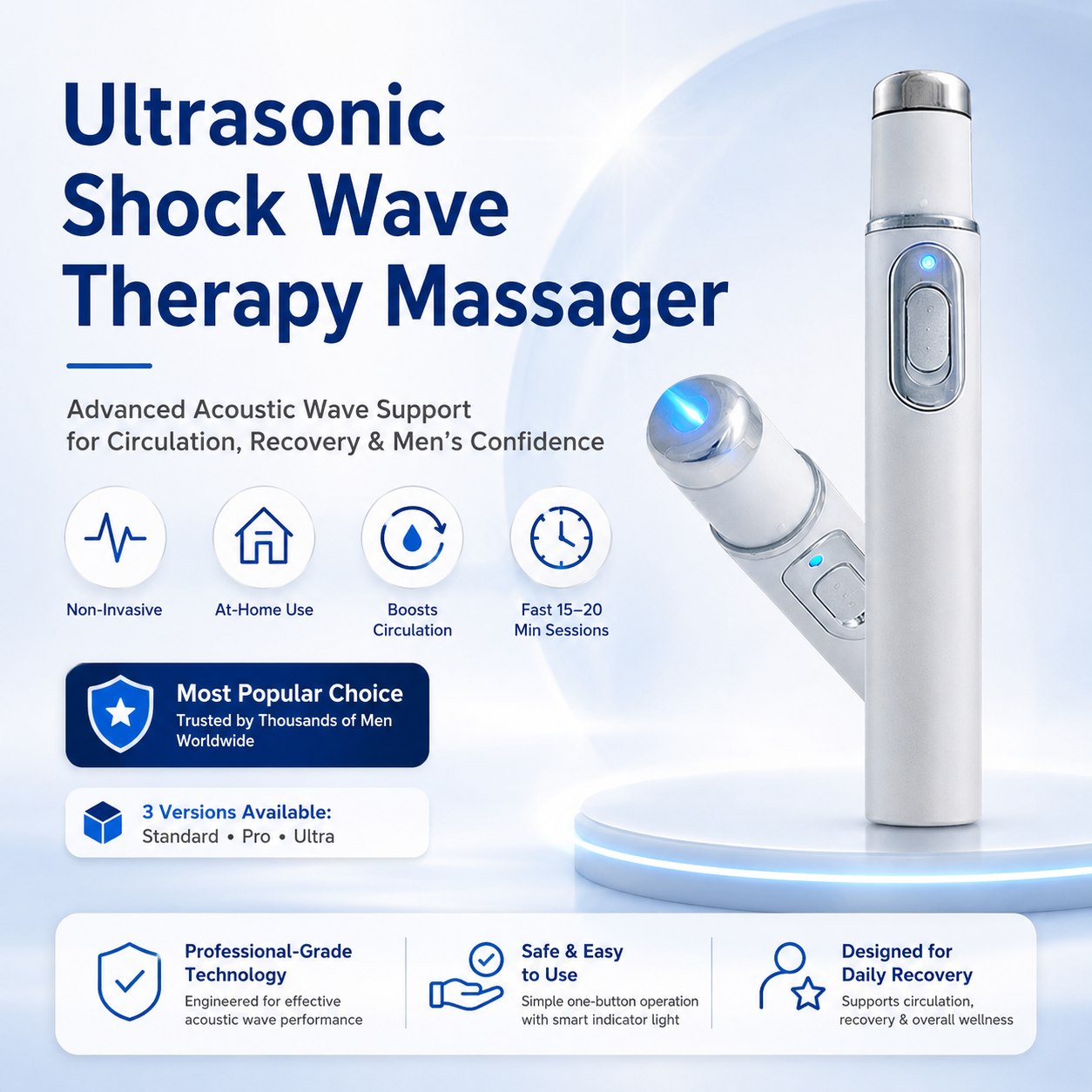Advanced Acoustic Shockwave Therapy restores penile tissue health to enhance rise rigidity, stamina, and male performance confidence, relieving muscle pain, joint stiffness, tendon discomfort