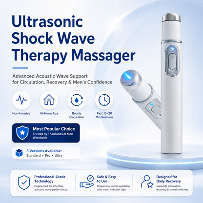 Advanced Acoustic Shockwave Therapy restores penile tissue health to enhance rise rigidity, stamina, and male performance confidence, relieving muscle pain, joint stiffness, tendon discomfort
