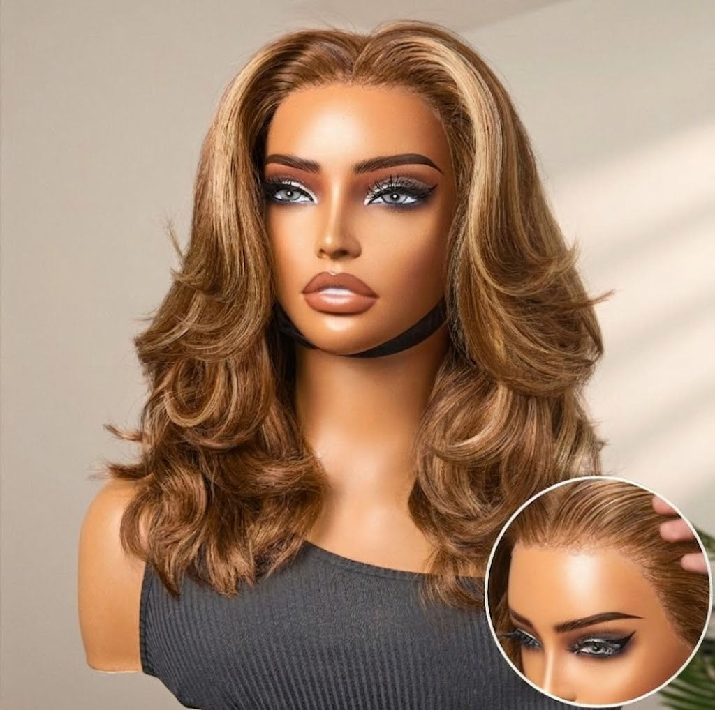 PreMax Wigs - Honey Brown with Blonde Highlights / Natural Black Bouncy Body Wave Glueless 13x4 Frontal Lace Human Hair Wig