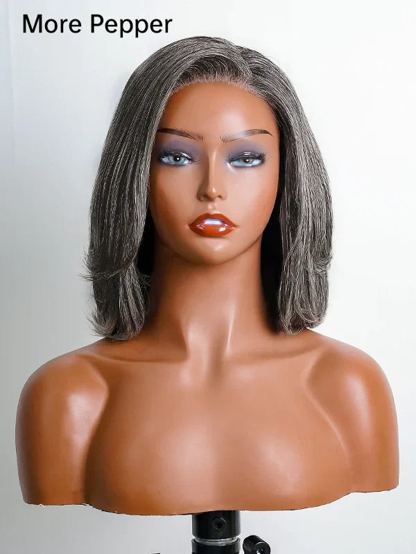 Luvwin 5x5 Salt And Pepper Glueless Gray Color Pre-Cut Lace Layered Cut Straight Bob Wig 100% Human Hair