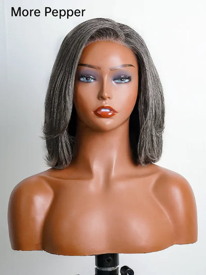 Luvwin 5x5 Salt And Pepper Glueless Gray Color Pre-Cut Lace Layered Cut Straight Bob Wig 100% Human Hair