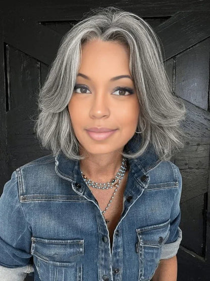 Luvwin 5x5 Salt And Pepper Glueless Gray Color Pre-Cut Lace Layered Cut Straight Bob Wig 100% Human Hair