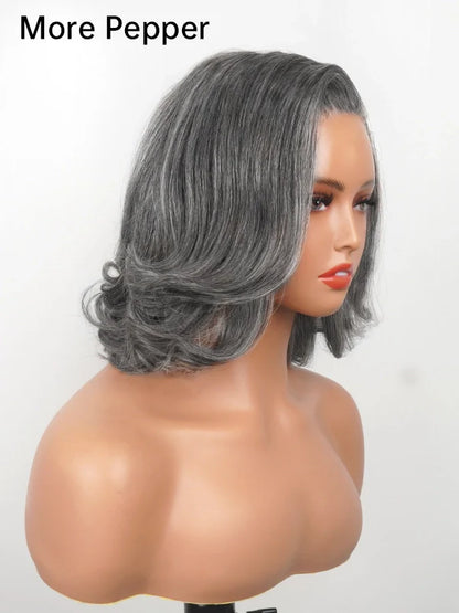 Luvwin 5x5 Salt And Pepper Glueless Gray Color Pre-Cut Lace Layered Cut Straight Bob Wig 100% Human Hair