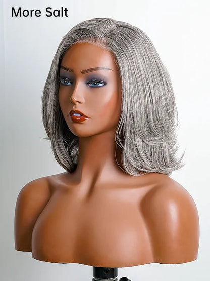 Luvwin 5x5 Salt And Pepper Glueless Gray Color Pre-Cut Lace Layered Cut Straight Bob Wig 100% Human Hair