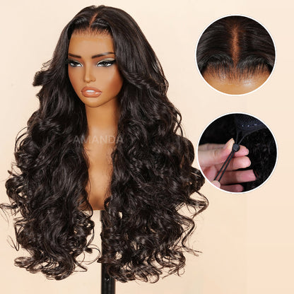 Double Drawn 3D Loose Wave Virgin Human Hair Transparent Full Lace Front Glueless Wig with Curtain Bangs Flash Sale