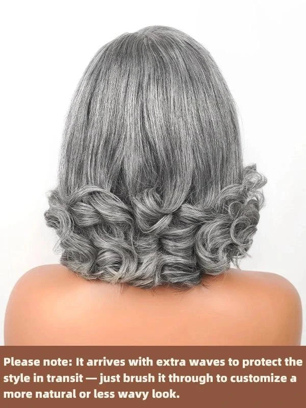 Luvwin 5x5 Salt And Pepper Glueless Gray Color Pre-Cut Lace Layered Cut Straight Bob Wig 100% Human Hair