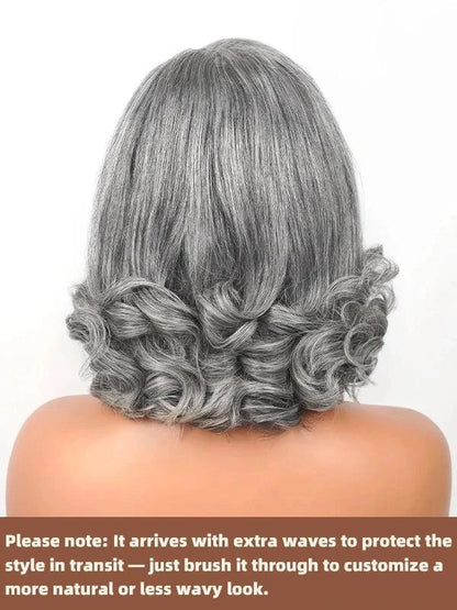 Luvwin 5x5 Salt And Pepper Glueless Gray Color Pre-Cut Lace Layered Cut Straight Bob Wig 100% Human Hair